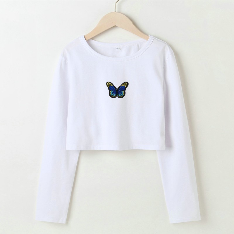 Dragon Totem Butterfly Print Slim Fit Cropped Long-Sleeved T-Shirt NSOSY111819