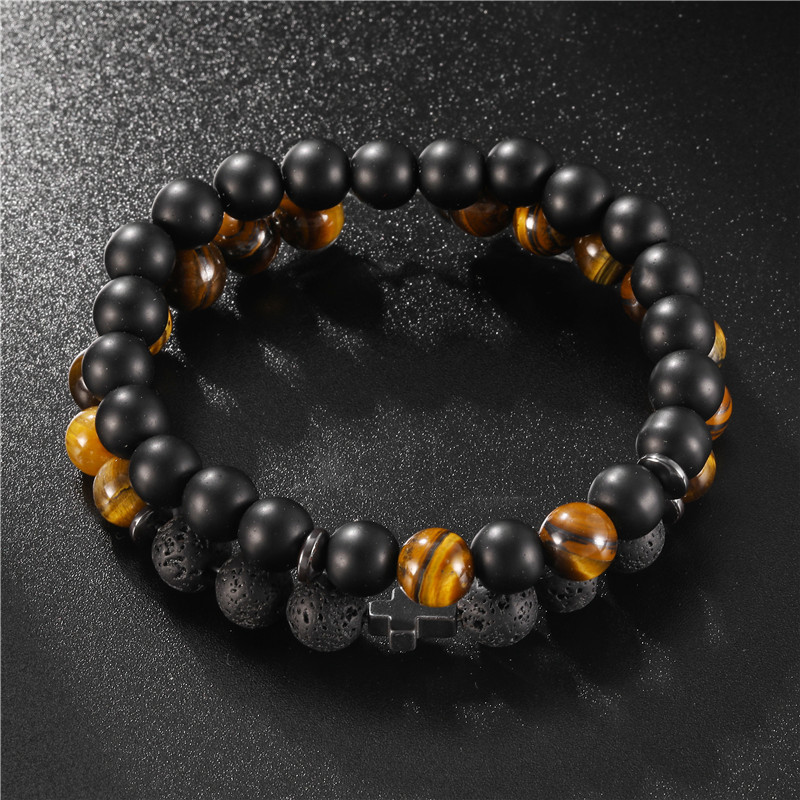 Fashion 8mm Black Frosted Tiger&#39;s Eye Volcanic Cross Bracelet Set display picture 1