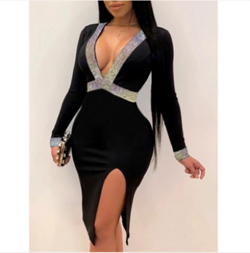 欧美独立站热销款 可爱性感深V领侧开叉拼布黑色及膝长晚礼服