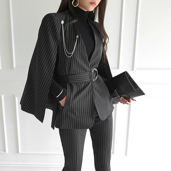 Two piece autumn 2020 Korean V-neck slim Cape suit coat striped professional pants suit