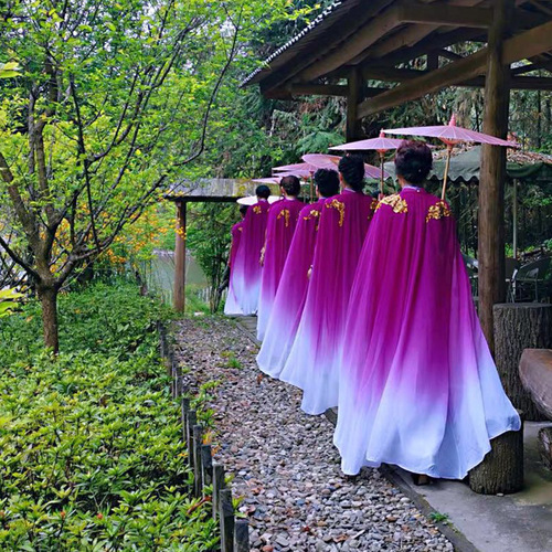 Women royal blue violet gradient chinese dresses qipao Show cheongsam women performance CAPE DRESS ancient cheongsam