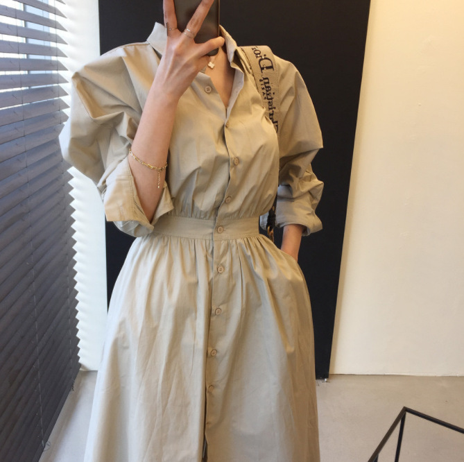 French Style Vintage Court Style Waist Single-Breasted Dress  Fall Long Loose Shirt Dress in Dresses