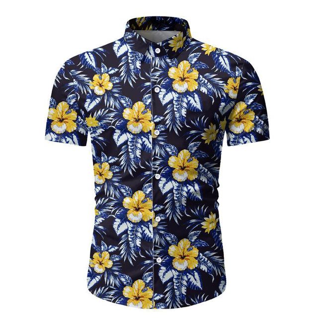 Men’s Lapel Casual Short Sleeve slim Floral Shirt