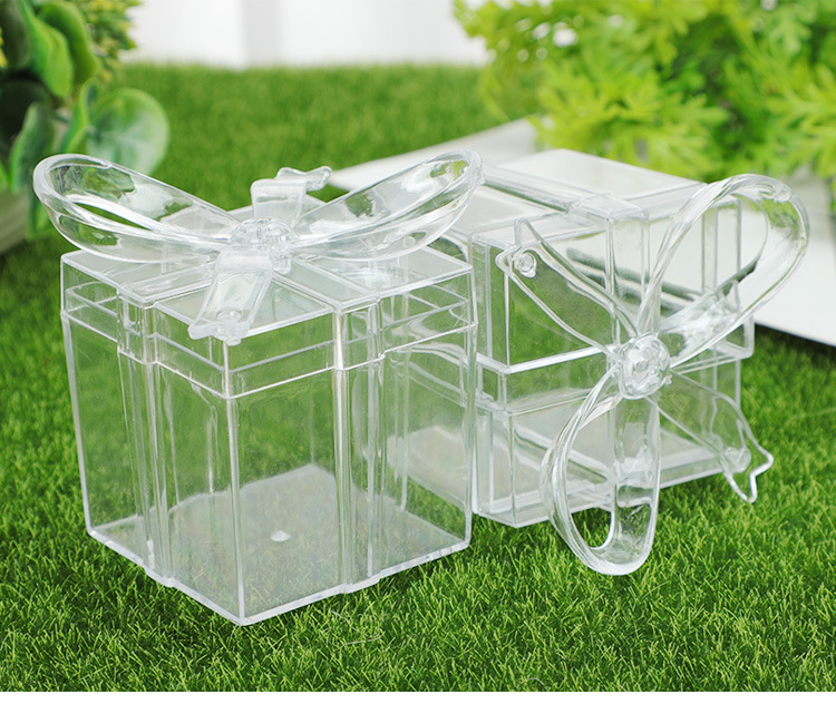 Cross-border Food Grade Plastic Transparent Bow Square Candy Gift Box Wedding Candy Box Wedding Companion Gift Box Packaging Box display picture 1