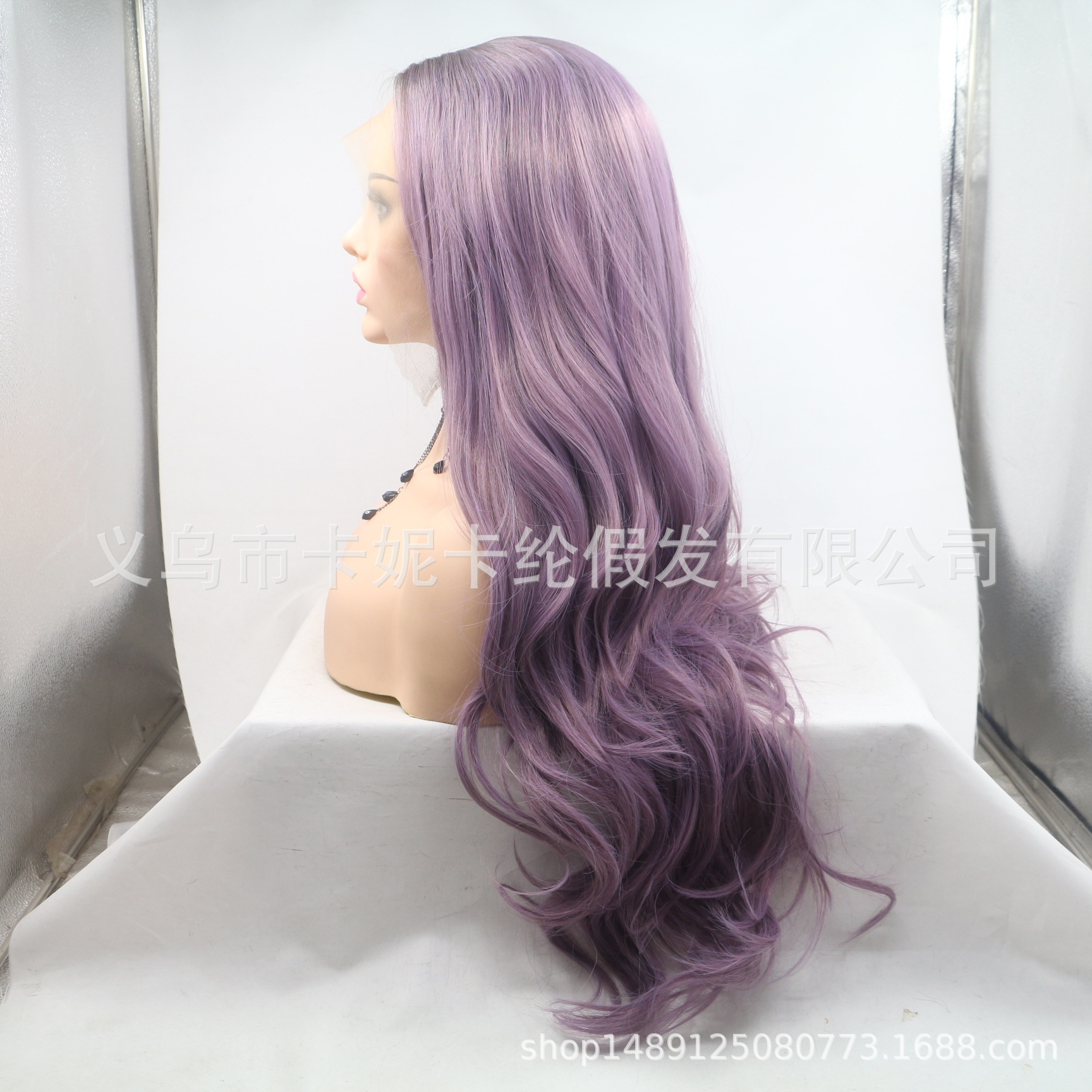 Peruca europea y americana cabello largo rizado frente encaje cubierta de cabello fibra química peluca