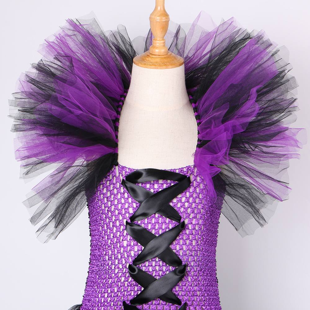 Abbigliamento per neonate Costume di Halloween Vestito da strega Vestito in tulle a rete viola e nero per bambine_voghion.com