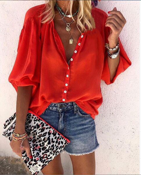  solid color long-sleeved V-neck button blouse NSYF2158