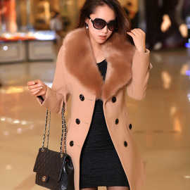 跨境2019秋冬大码毛呢女外套wish双排扣eBay呢子大衣亚马逊毛领