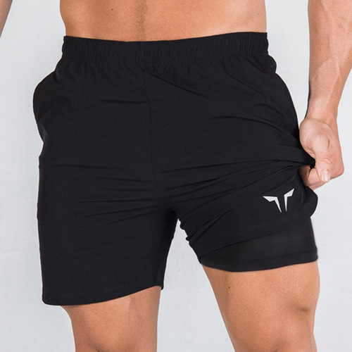 Men's Summer Thin Double-layer Cross-border Foreign Trade Fitness Shorts with Fake Two-Piece Lining Quick-drying Breathable Woven Five-quarter Pants