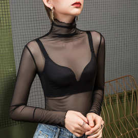 春季新款黑色堆堆领网纱打底衫女透视性感高领洋气长袖打底小衫