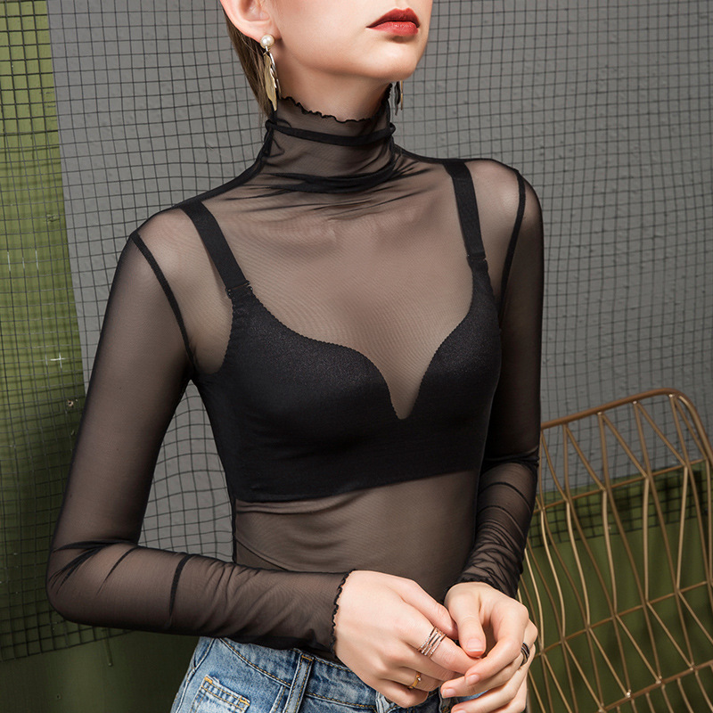 Spring New Style Black Pile Collar Mesh Bottoming Shirt for Women See-Through Sexy High Collar Western Style Long-Sleeved Bottoming Shirt