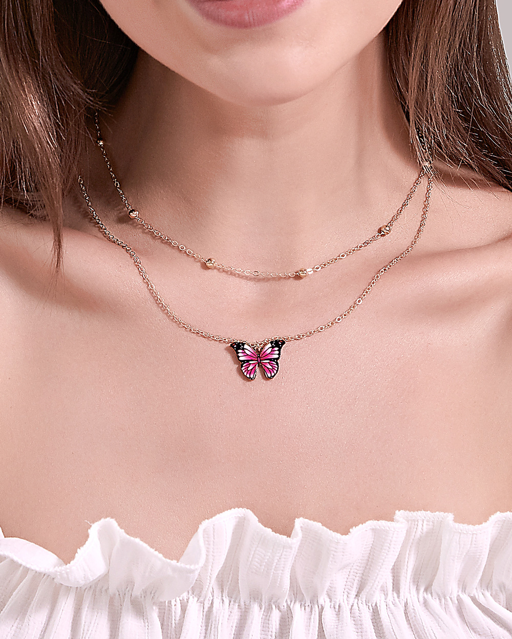 Hot Sale Retro Double-layer Bead Butterfly Necklace Fantasy Color Butterfly Clavicle Chain Women display picture 3