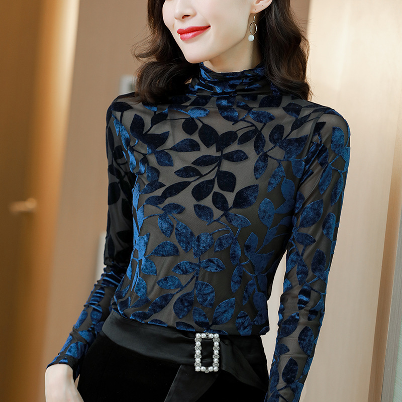 Autumn 2020 new Korean version of high collar velvet mesh western style long sleeve bottoming shirt Women's T-shirt with a generation of hair Autumn 2020 new Korean version of high collar velvet mesh western style long sleeve bottoming shirt Women's T-shirt with a generation of hair