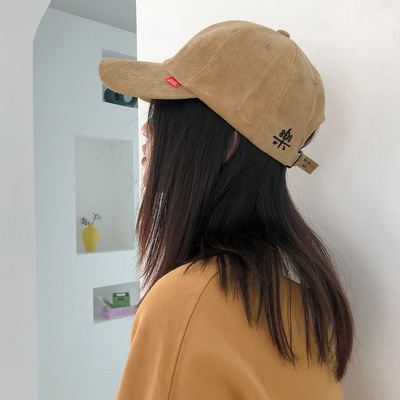 帽子女秋冬灯芯绒乐字刺绣棒球帽韩版百搭学生户外保暖鸭舌帽男潮|ru