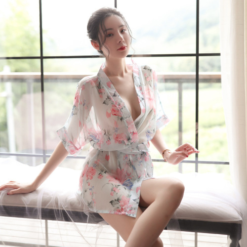 Sexy lingerie, sexy pajamas, tempting Japanese chiffon printed cardigan, kimono, see-through nightgown set 8145