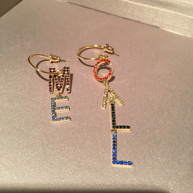 Color English Alphabet Earrings Asymmetric Micro-inlaid Zircon Long Tassel Gradient S925 Silver Pin Circle Earrings display picture 4