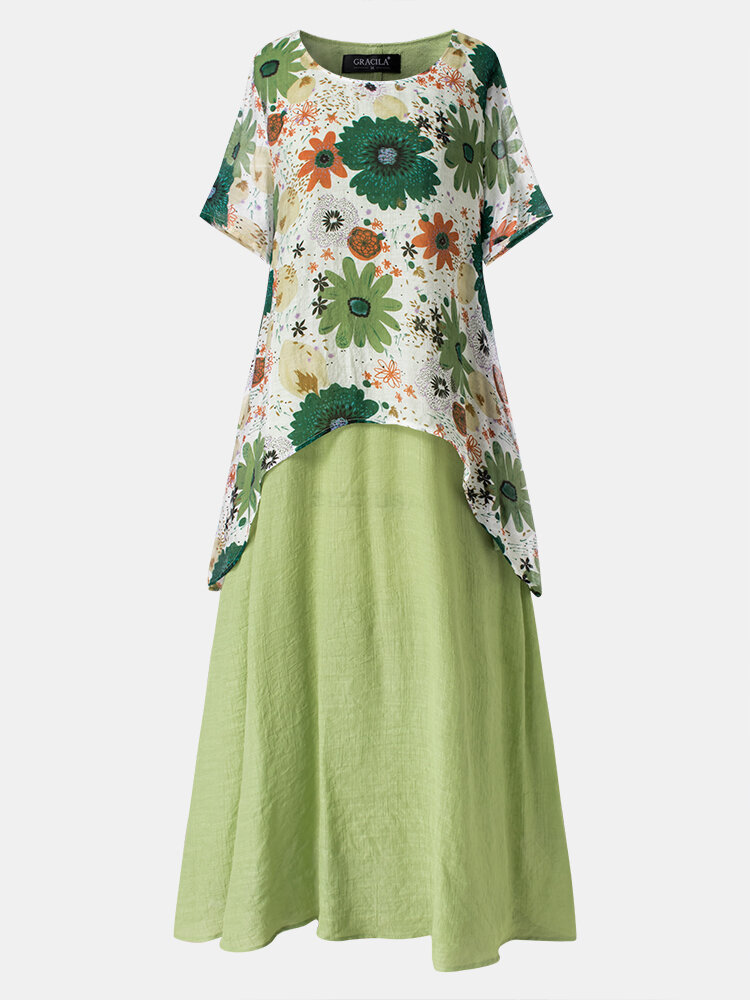 2020年欧美速卖通亚马逊WISH碎花拼布假两件式夏季长连衣裙