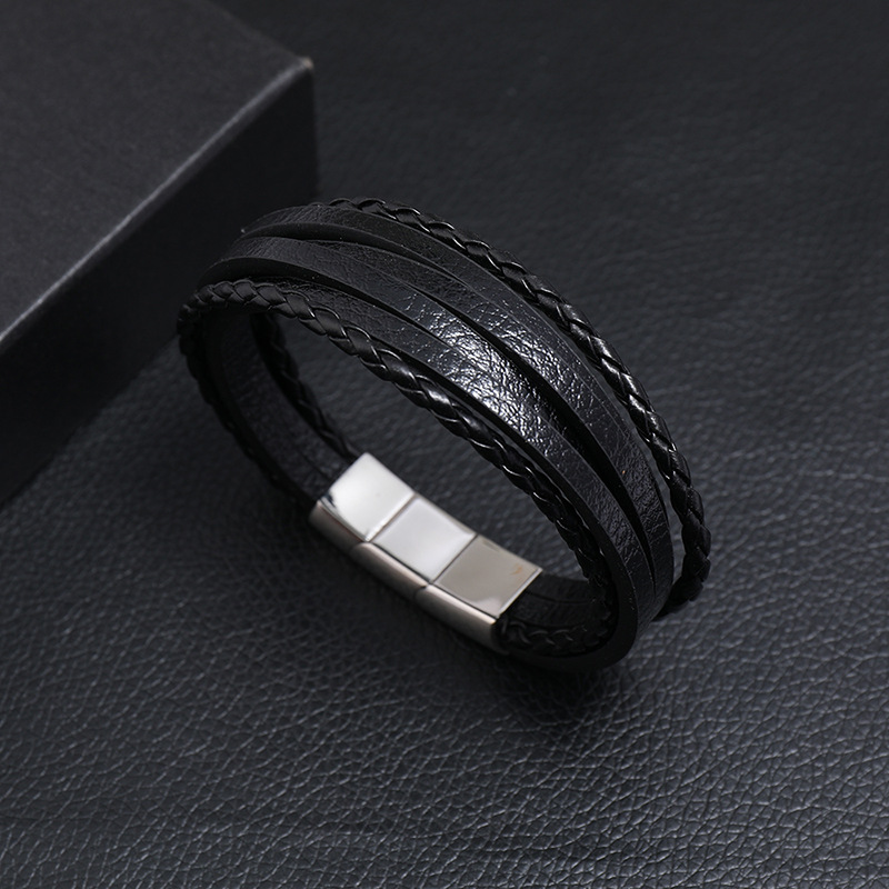 retro multi-layer woven stainless steel menu0027s leather bracelet