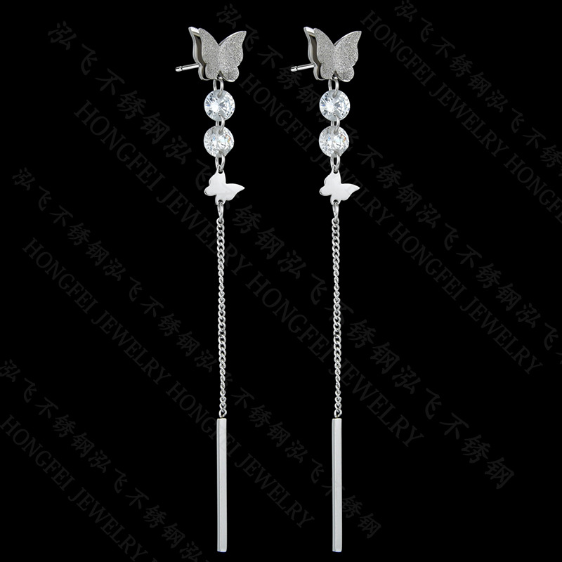 Popular Mariposa Larga Diamante Niña Pendientes Largos De Acero Titanio Al Por Mayor Nihaojewelry display picture 5