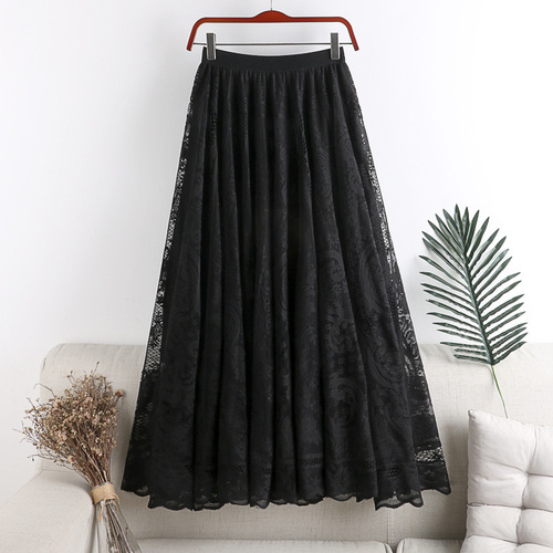 Autumn and winter new Hong Kong style small fresh high-waist slim mid-length hollow crochet lace skirt women's skirt with big swing