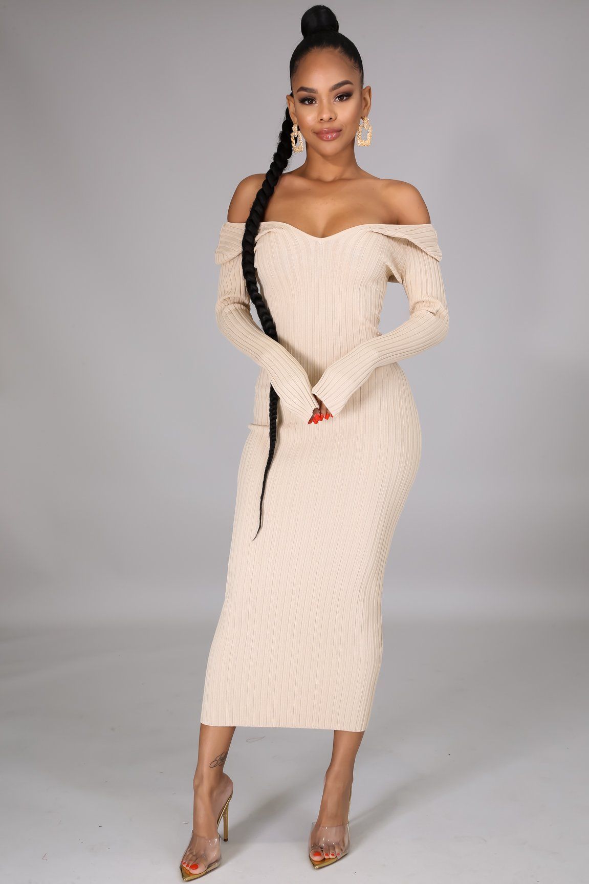 Solid Color Long-Sleeved V-Neck Dress NSXHX99665