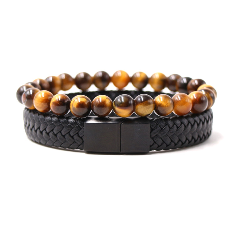 Black Leather Bracelet With Magnetic Clasp And Tiger Eye Beads_voghion.com