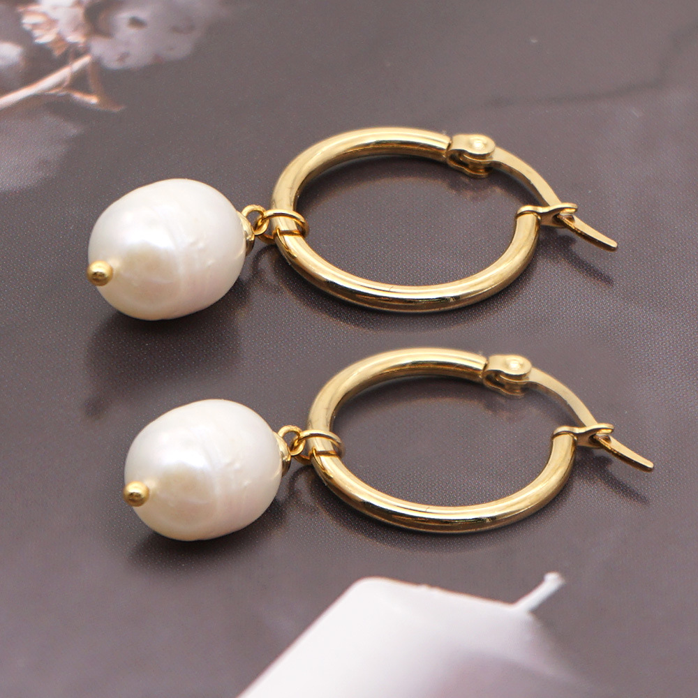 1 Pair Fashion Ethnic Style Stainless Steel Freshwater Pearl Hoop Earrings Drop Earrings display picture 5