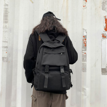 工装书包女韩版高中学生原宿ulzzang大容量双肩包男潮牌ins背包黑