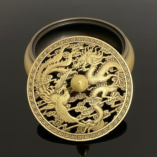 Pure brass dragon and phoenix sandalwood stove household incense pure copper plate incense stove fireproof cotton gourd thread incense insert creative Xuande stove