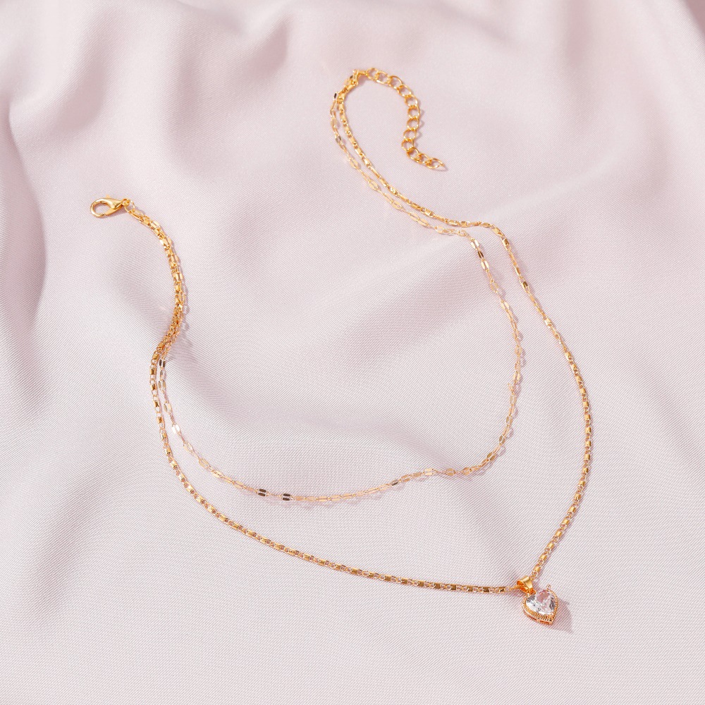 new double-layer inlaid crystal love heart pendant necklace for ladies wild