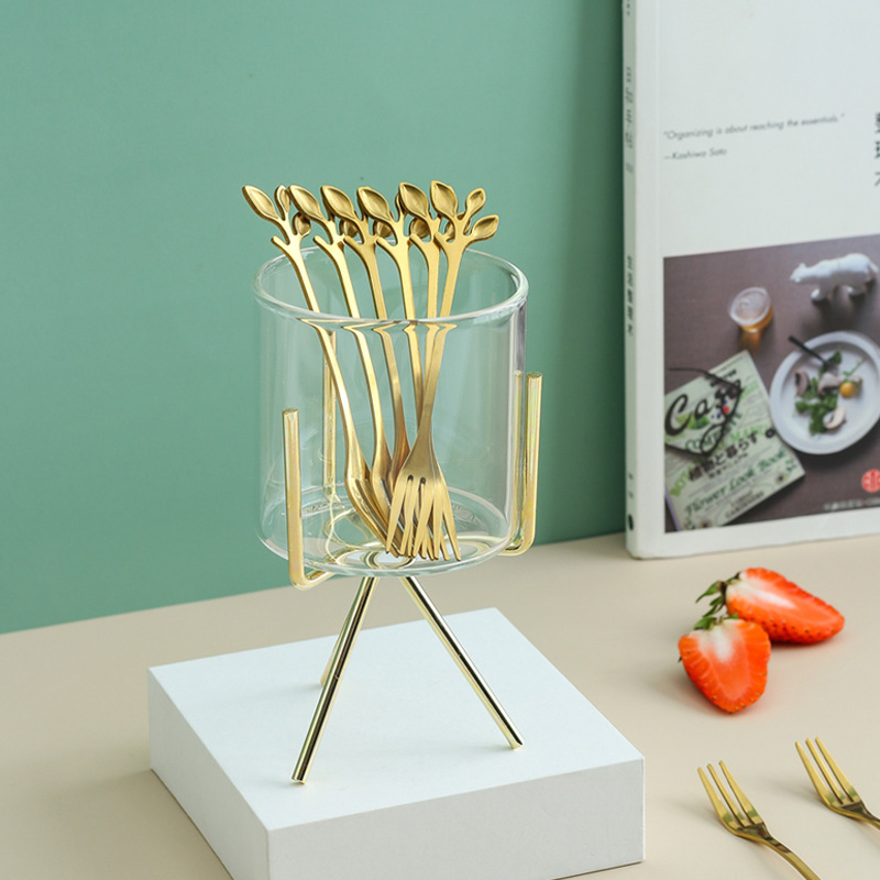 Light Luxury Glass Fruit Fork Jar Fruit Fork Set Stainless Steel Dessert Fork And Spoon Household Cake Snack Fork Storage Tube