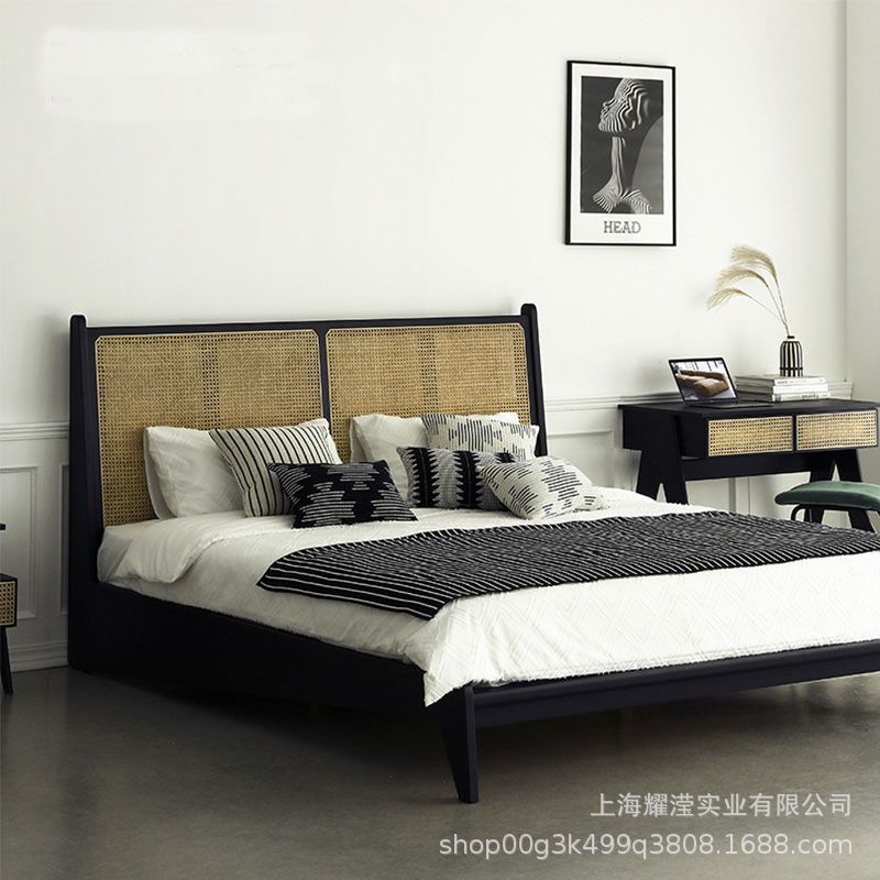 Modern Simple Fashion Creative Hotel Homestay High-end Solid Wood Rattan Double King Bed Custom Furniture Modern Simple Fashion Creative Hotel Homestay High-end Solid Wood Rattan Double King Bed Custom Furniture