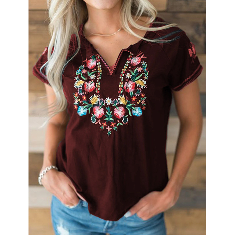 retro embroidered V-neck short-sleeved T-shirt NSONF123844