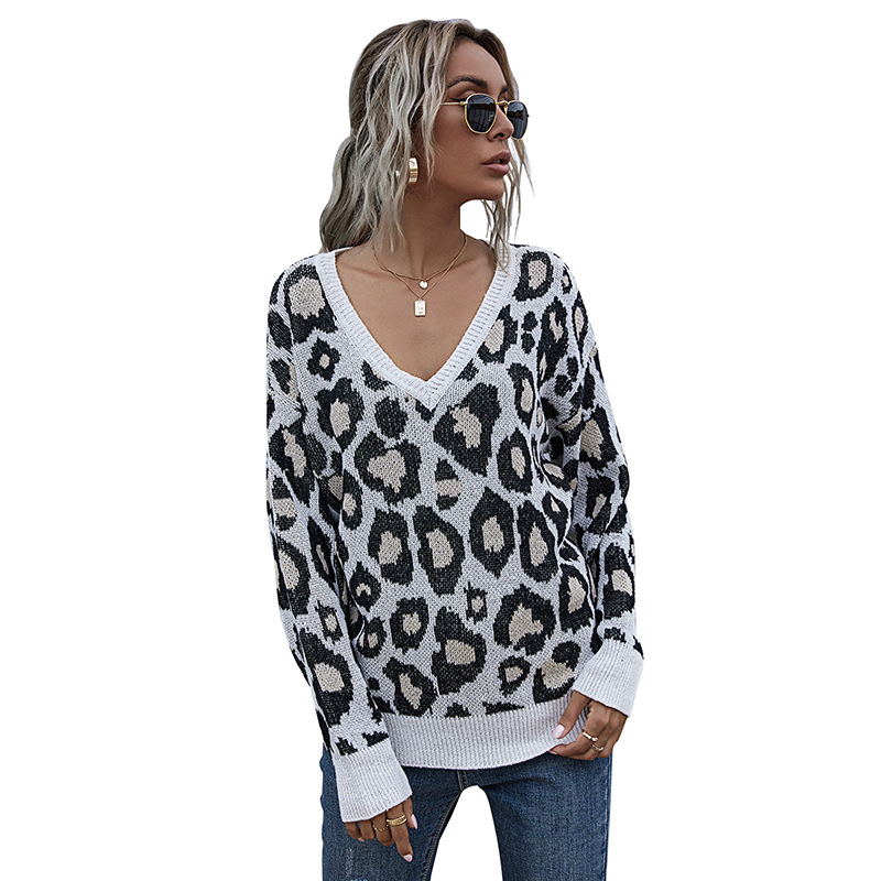 Leopard print v-hals stil strikket sweater trøje_voghion.com