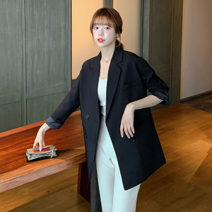 2020年春季韩版休闲百搭大码西装外套女中长款宽松网红西服设计感