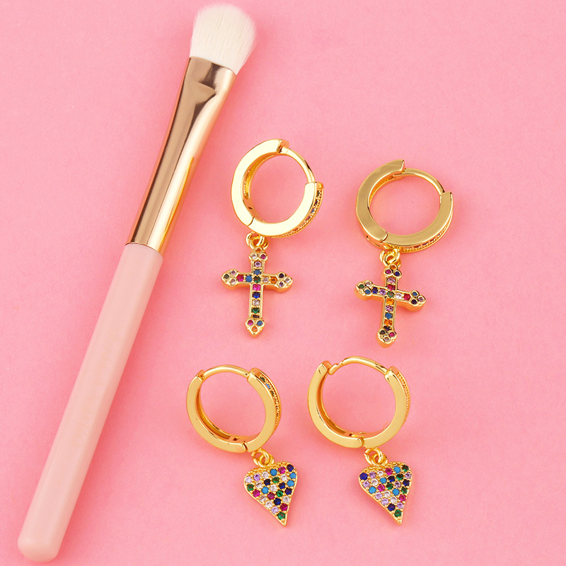 Hot-selling Colorful Zircon Retro Cross Love Copper Earrings For Women Wholesale display picture 8