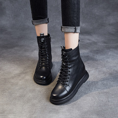 2022 Fall/Winter New Arrival Women's Leather Fashion Boots: Lace-Up Ankle Boots with Internal Height Increase, Round-Toe Design, and Genuine Top-Grain Cowhide Construction