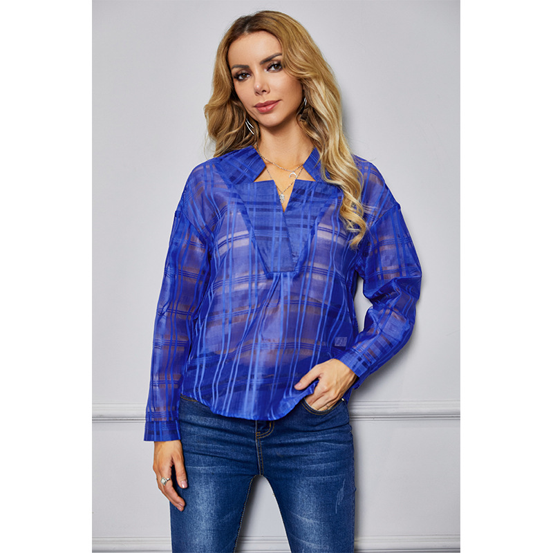 long-sleeved V-neck loose check shirt  NSSA26050