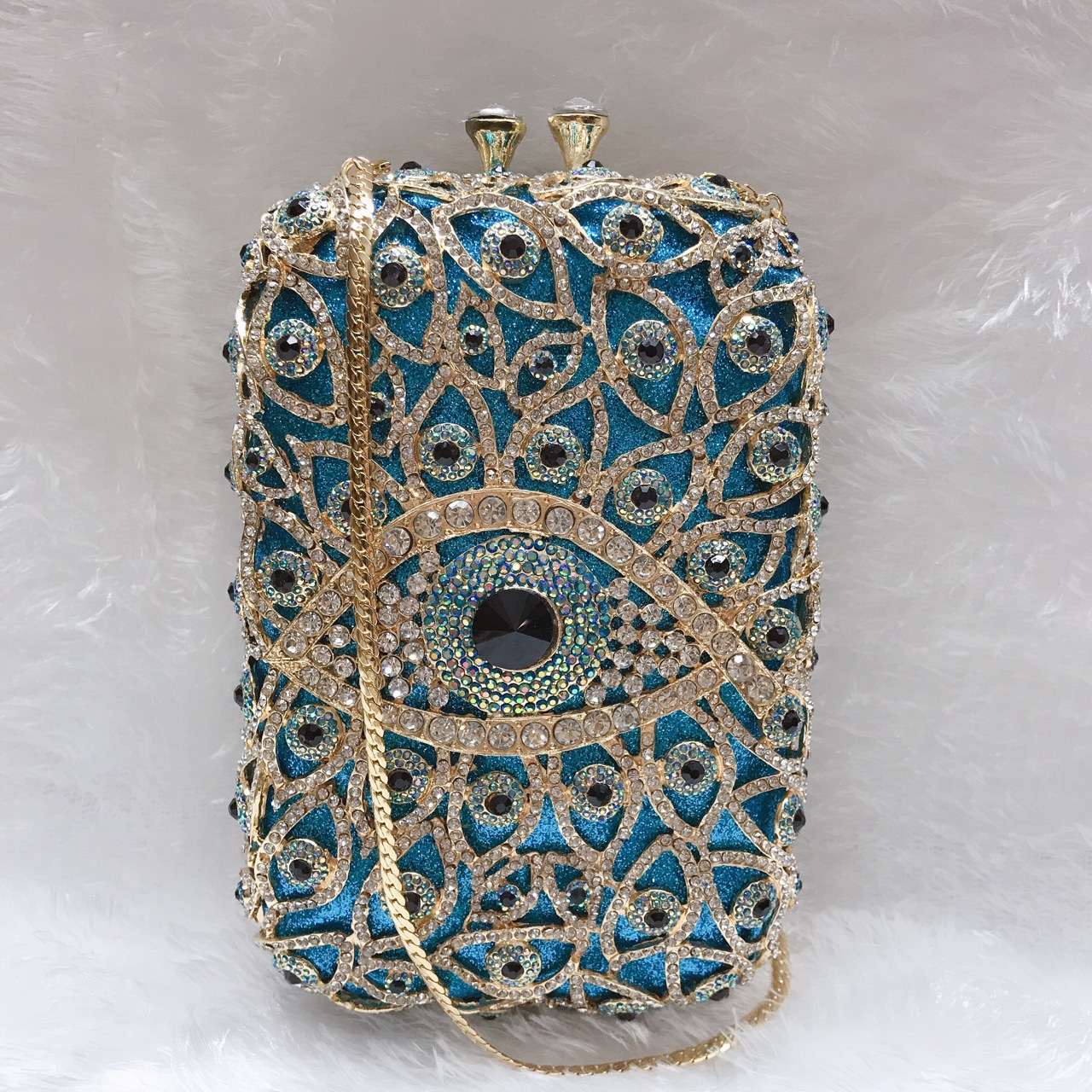 Túi clutch dạ hội đính đá pha lê kim loại rỗng kiểu dọc — Màu xanh lam, Vàng/Xanh đậm AB mắt, Màu bạc, Vàng/Con công xanh AB mắt chi tiết 22