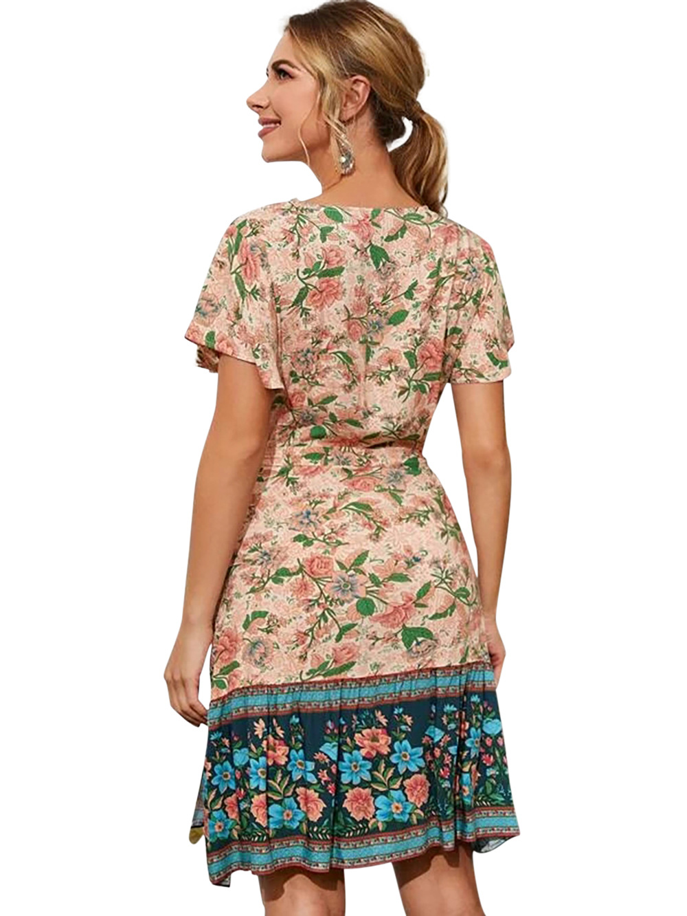 Vestido de mujer rosa estilo bohemio falda estampada con cuello en V NSDF1490