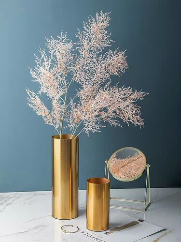 European-style cylindrical metal-plated vase decoration living room model room gold ironwork flower holder light luxury soft decorative item