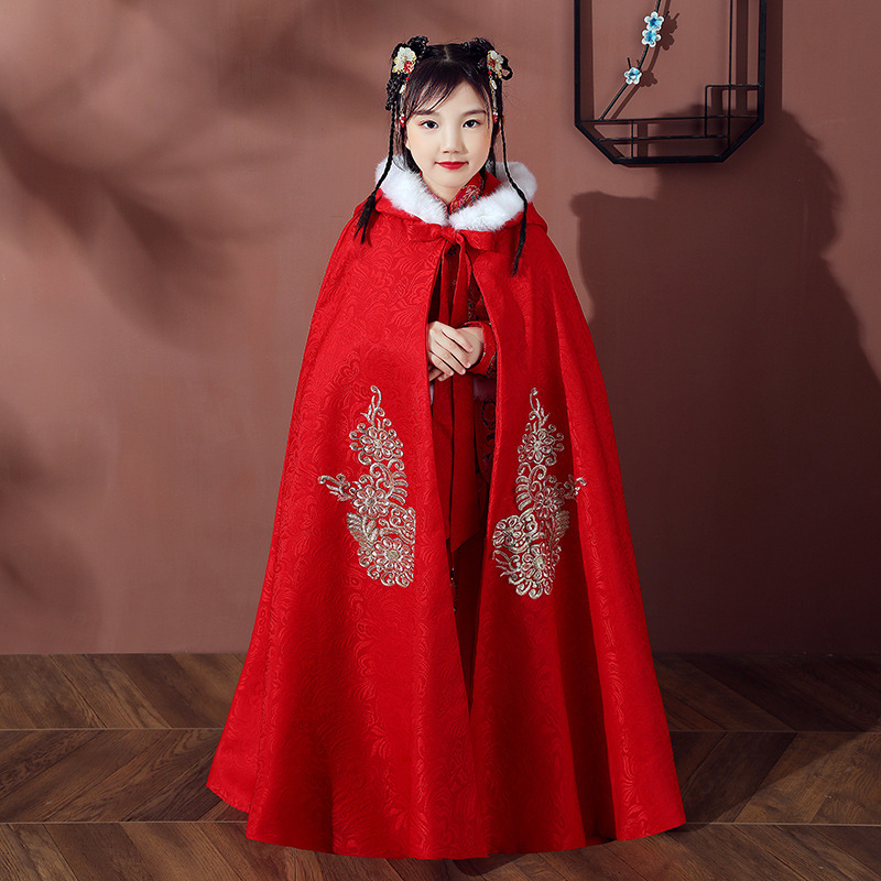 children Shawl cloak Hanfu Cape girl Plush coat Chinese style baby go out Windbreak Hooded Autumn and winter