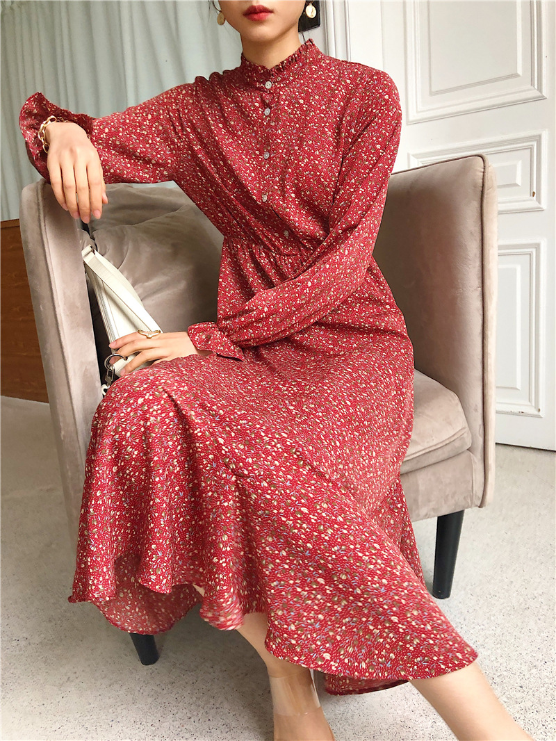 2020春夏新款品质优雅韩国垂感面料长袖收腰显瘦印花连衣裙F22041