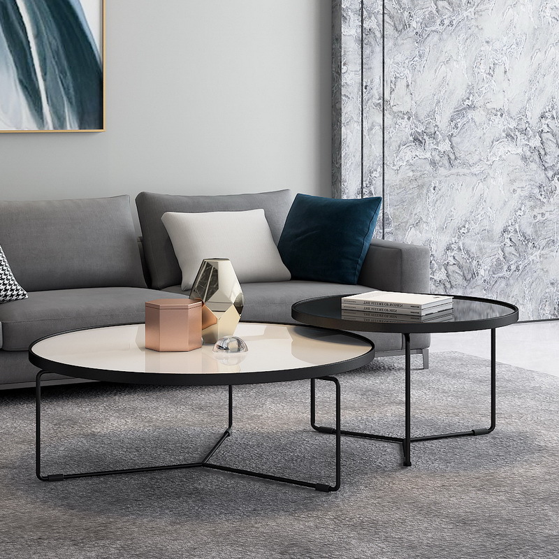 北欧简约客厅茶几铁艺钢化玻璃创意茶桌现代小户型设计师圆形茶几|ms