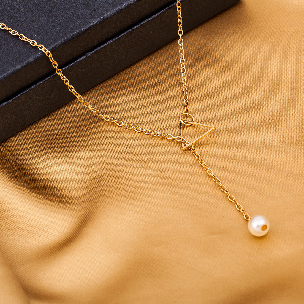 Hollow Triangular Pearl Tassel Necklace Gold