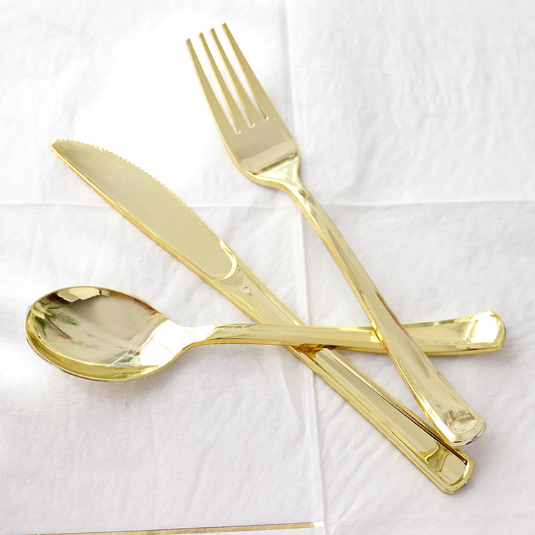 Disposable Fork Golden Birthday Party Tableware Set Ps Plastic Rose Gold Party Western Food Gold Plated Knife, Fork And Spoon display picture 5