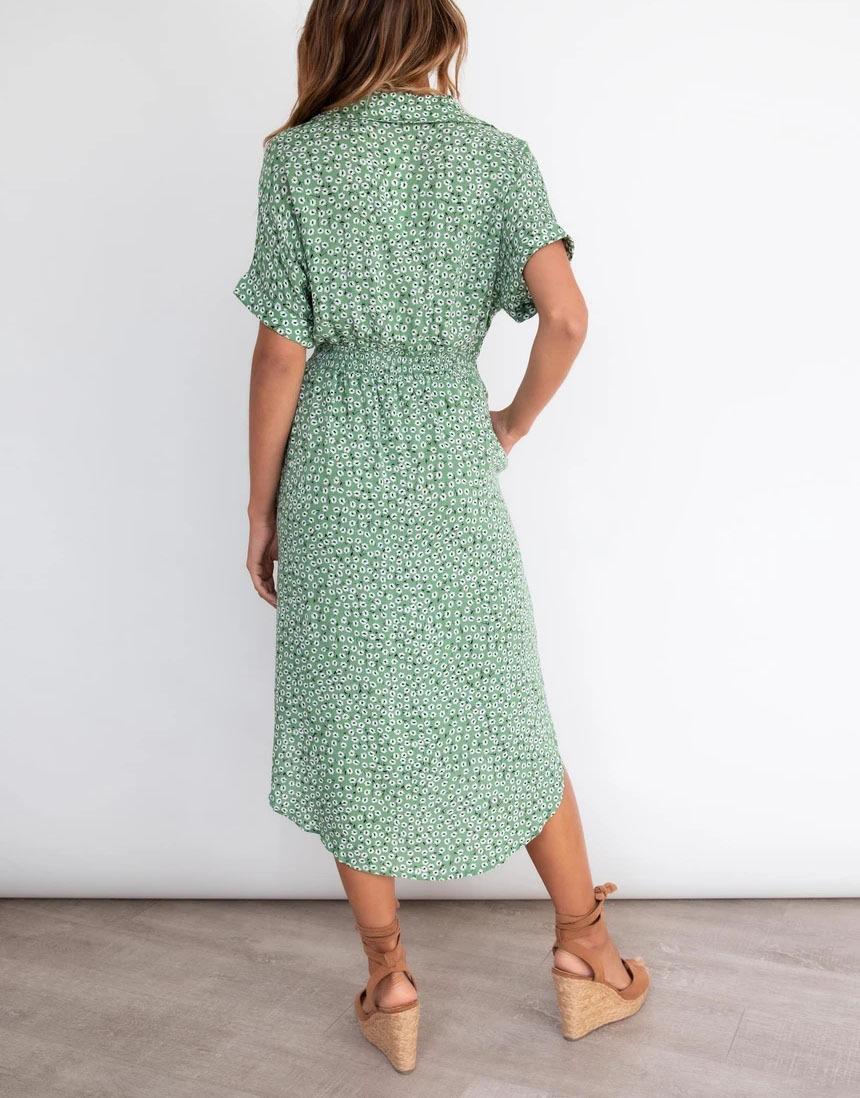 print short-sleeved V-neck single-breasted commuter long dress  NSCXY121993