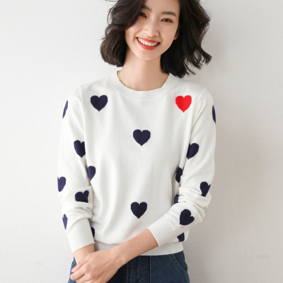 女圆领宽松外穿学生ins森系慵懒风套头羊毛衫早秋爱心针织衫 大码|ms
