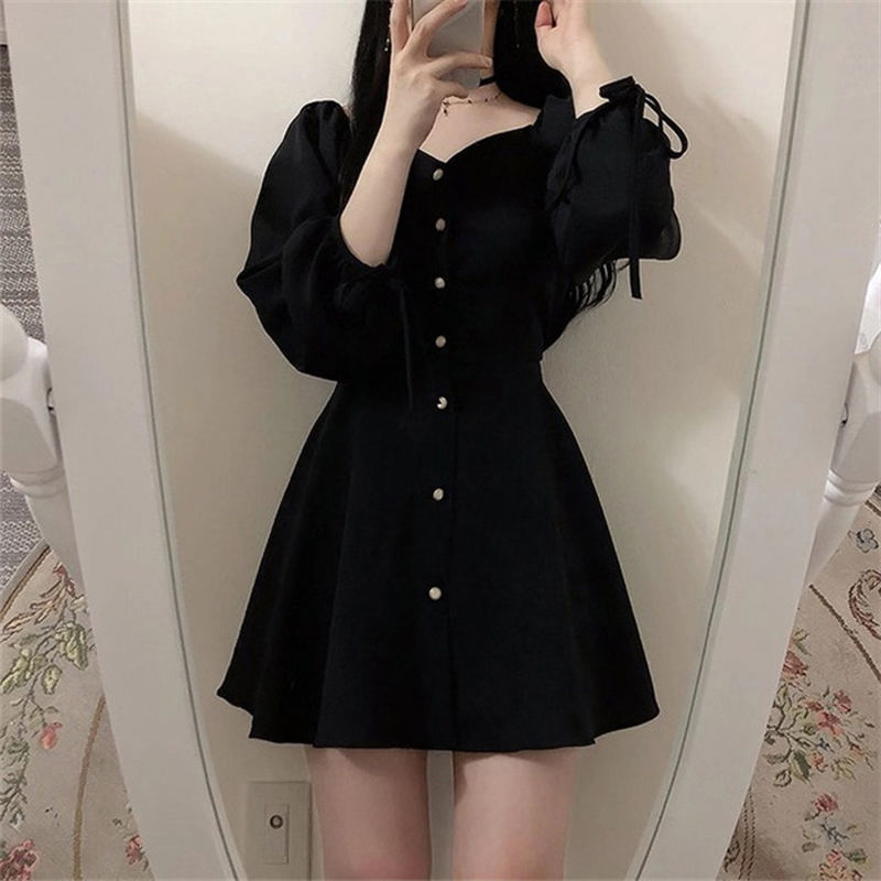 韩国chic复古法式洋气减龄暗黑系优雅单排扣收腰显瘦泡泡袖连衣裙