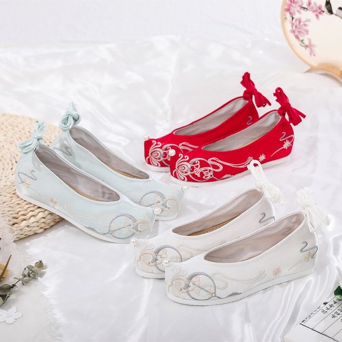 hanfu dance chinese dress shoes for female Bow Shoes princess fairy cosplay performance flat embroidered shoes for women